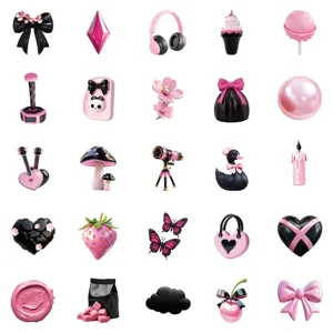 Set d'autocollants 3D mignons noirs et roses, décalcomanies décoratives esthétiques pour coque et agenda.