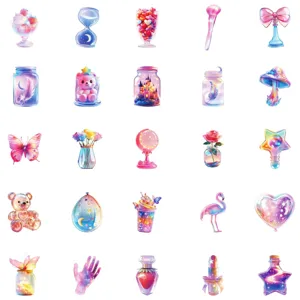 Cute aesthetic pink glass bottle and magical elements waterproof stickers collection for phone.