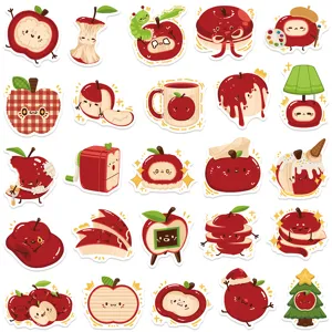 Cute cartoon apple stickers detail view, colorful vinyl decal for journal laptop water bottle.