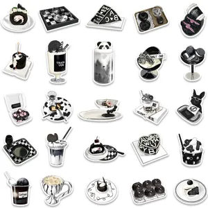 Aesthetic black and white dessert and coffee stickers set for journaling and laptop decor.