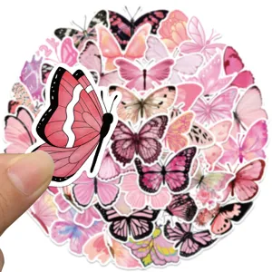 Autocollants papillon rose esthétiques imperméables en vinyle pour ordinateur portable 50pc
