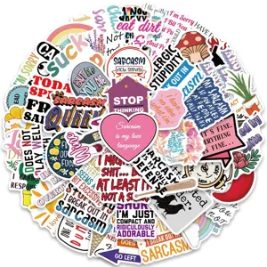 Waterproof vinyl sticker pack with sarcastic quotes for luggage, laptop, skateboard and phone.