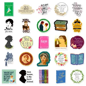Detailansicht des Jane Austen Aufkleber-Sets mit verschiedenen klassischen Buchzitaten und Kunst.