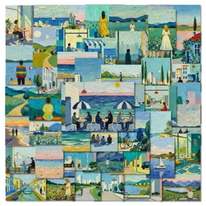 Ensemble d'autocollants d'art de peinture à l'huile de paysage, mer bleue curative.