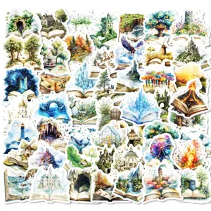 Magic Book World Waterproof Stickers Cute Cartoon Fantasy Landscape Decorative Decals For Laptop Luggage Journal