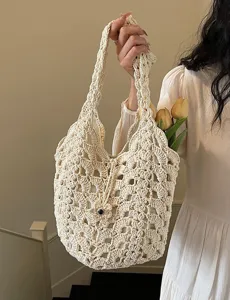Beige crochet shoulder bag hollow out knit tote bag stylish woven casual handbag