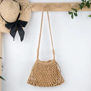 Minimalist cotton woven crossbody bag, hollow net bucket handbag for women daily casual use