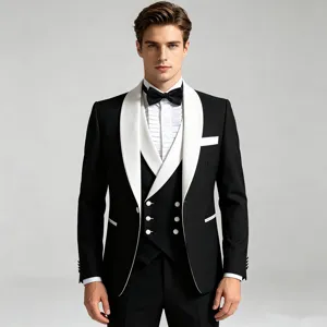 Men's black and white shawl lapel suit detail, elegant three-piece formal wear close-up view.