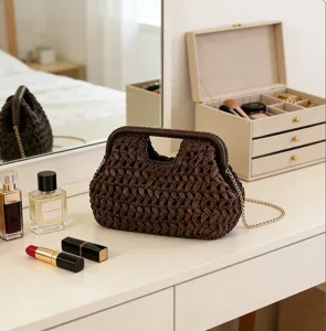 Brown Woven Straw Handbag Retro Shell Clutch Bag with Metal Chain for Women Summer Beach