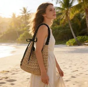 Beach straw shoulder bag detail, casual woven handbag with black bow and strap, resort style.