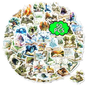 50pcs magical book world stickers watercolor fantasy landscape laptop luggage decor waterproof