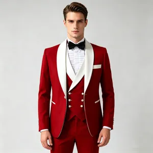 Red and white shawl lapel suit detail, slim fit three-piece tuxedo for formal wedding events.