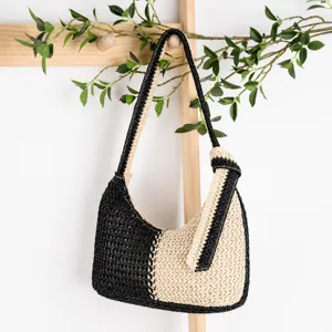 Chic black beige woven straw shoulder bag with knot strap for women summer beach daily use.