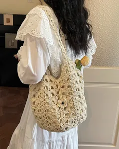 Casual cotton crochet shoulder bag, hollow knit design, stylish aesthetic women accessory.
