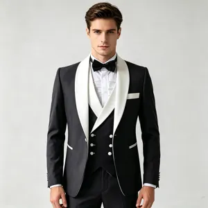 Men black and white tuxedo 3 piece suit shawl lapel slim fit groom wedding formal attire