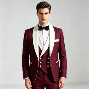 Burgundy three-piece suit with white shawl lapel and black bow tie for formal occasions.
