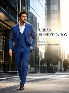 Men's slim fit 3-piece business suit set with blazer, vest and trousers for formal events.