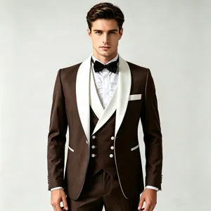 Men brown shawl lapel slim fit three piece suit detail showing premium fabric texture.