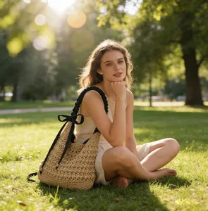 Outdoor detail shot of a stylish straw woven shoulder bag featuring a black braided strap and bow.