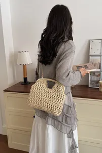 Woven straw shell handbag women retro chain shoulder bag summer beach casual crossbody bag
