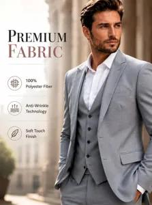 Men's 3-piece business suit detail view showing slim fit grey jacket, vest and shirt.