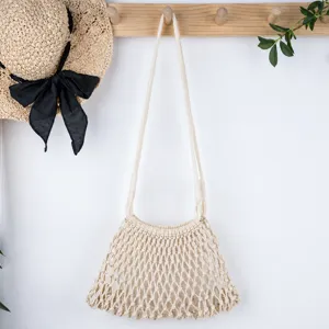 Casual cotton cord woven crossbody bag hollow mesh net bag minimalist summer beach handbag