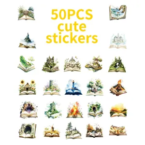 Detail view of 50pcs magical book stickers, featuring watercolor fantasy art and waterproof designs.