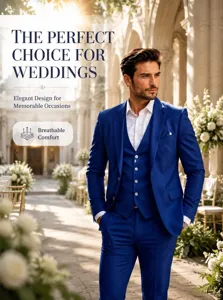 Detailed view of the royal blue men's 3-piece wedding suit in elegant outdoor setting.