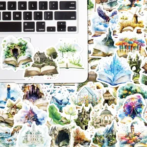 50pcs magical book world stickers, watercolor fantasy landscape waterproof laptop decals.