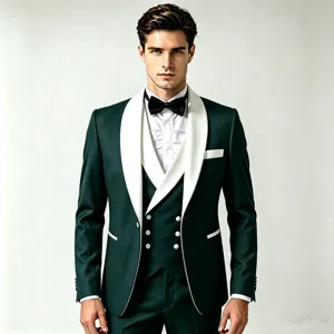 Men's dark green 3-piece tuxedo suit with white shawl lapel, slim fit for weddings and formal events.