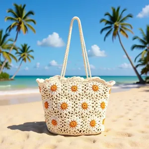 Women Crochet Tote Bag Hollow Out Cotton Knit Shoulder Bag Casual Beach Handbag Floral Patchwork Style