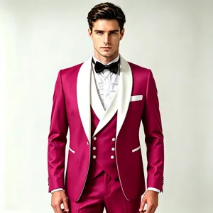 Men magenta shawl lapel suit detail view, slim fit tuxedo jacket vest trousers.
