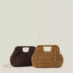 Women Straw Woven Handbag Retro Shell Shape Chain Beach Bag Casual Summer Top Handle Bag Woven Crossbody Bag For Ladies