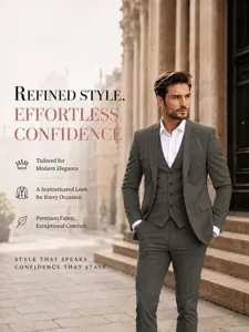 Detail shot of men's slim fit three-piece suit, elegant business formal wear setting.
