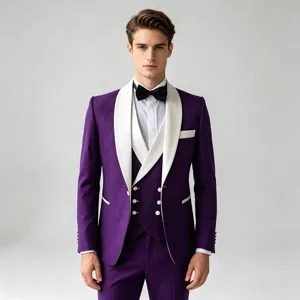 Men's purple shawl lapel color-block three-piece suit detail, slim fit business wedding tuxedo.