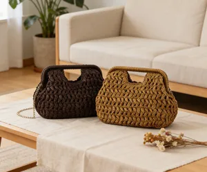 Detailed view of woven straw handbags in a cozy home living room setting with natural textures.