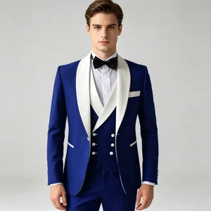 Detail view of the elegant royal blue three-piece slim fit suit with contrasting white shawl lapel.
