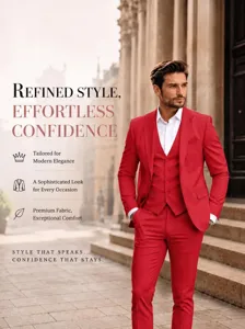 Men's red 3-piece slim fit suit set for business wedding party formal wear and stage performance.