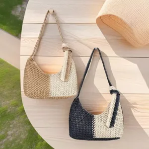 Woven Paper Fabric Shoulder Bag Two-Tone Color Block Casual Beach Handbag Stylish Tote Purse For Women Daily Vacation