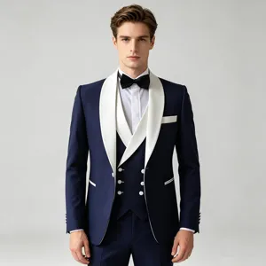 Detail shot of the elegant blue three-piece suit featuring contrasting white shawl lapels.