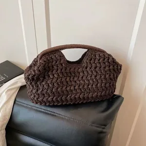Dark brown paper rope woven clutch bag vintage shell straw bag for women casual beach style
