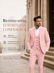 Men pink slim fit 3 piece suit wedding business blazer vest trousers formal wear