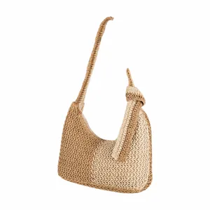 Two-tone woven straw shoulder bag with knot detail, casual hobo beach bag for women.