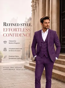 Men business slim fit three piece purple suit set jacket vest trousers for wedding formal.