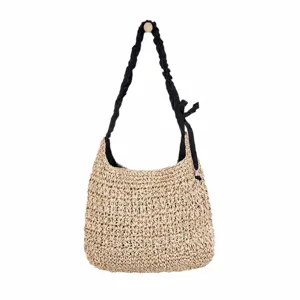 Chic woven straw shoulder bag with black scrunchie strap and cute bow casual beach hobo bag