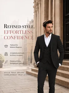Detailed scene view of men's slim fit three-piece formal suit in classic black, elegant style.
