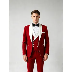 Men red white shawl lapel slim fit suit three piece set groom wedding party formal tuxedo