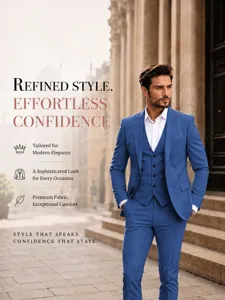 Men's blue slim fit 3-piece suit set business wedding formal wear jacket vest trousers