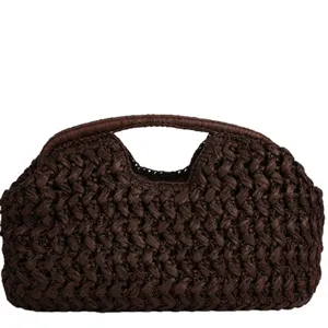 Dark brown paper rope straw woven clutch bag, retro casual beach shell handbag for women.