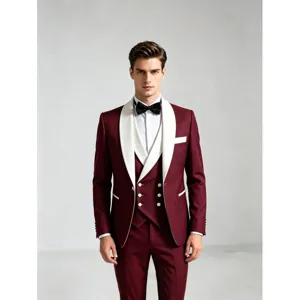 Men burgundy shawl lapel 3 piece suit wedding tuxedo slim fit business party blazer